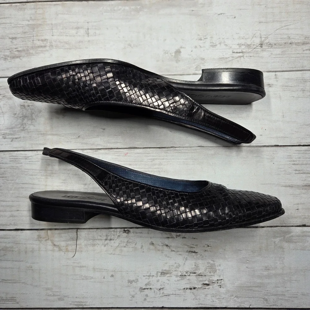 Sesto Meucci Woven Leather Slingback Flats Square Toe Womens 7.5 M Black Italy